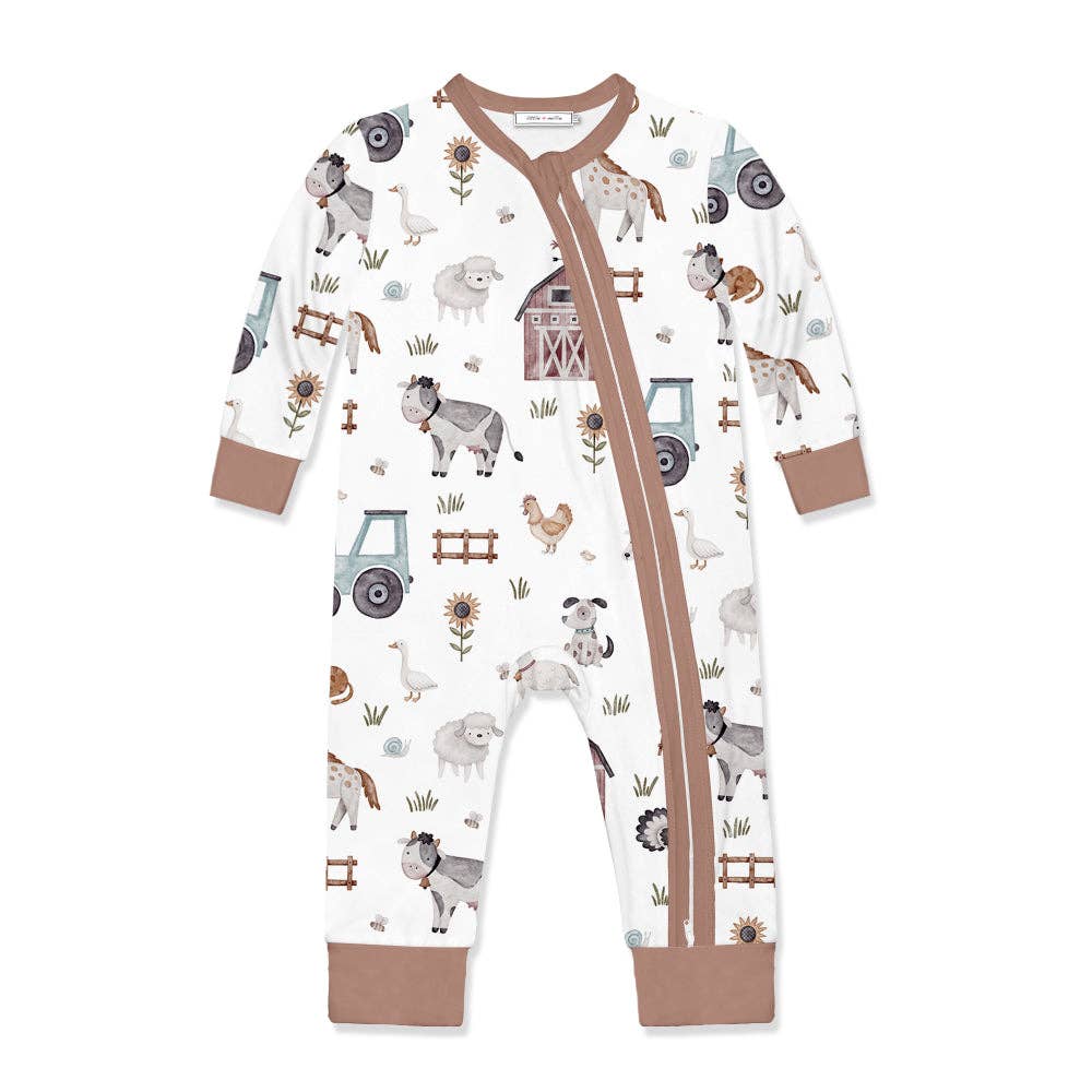 White & Brown Baby Farm Animal Zip-Up Sleeper