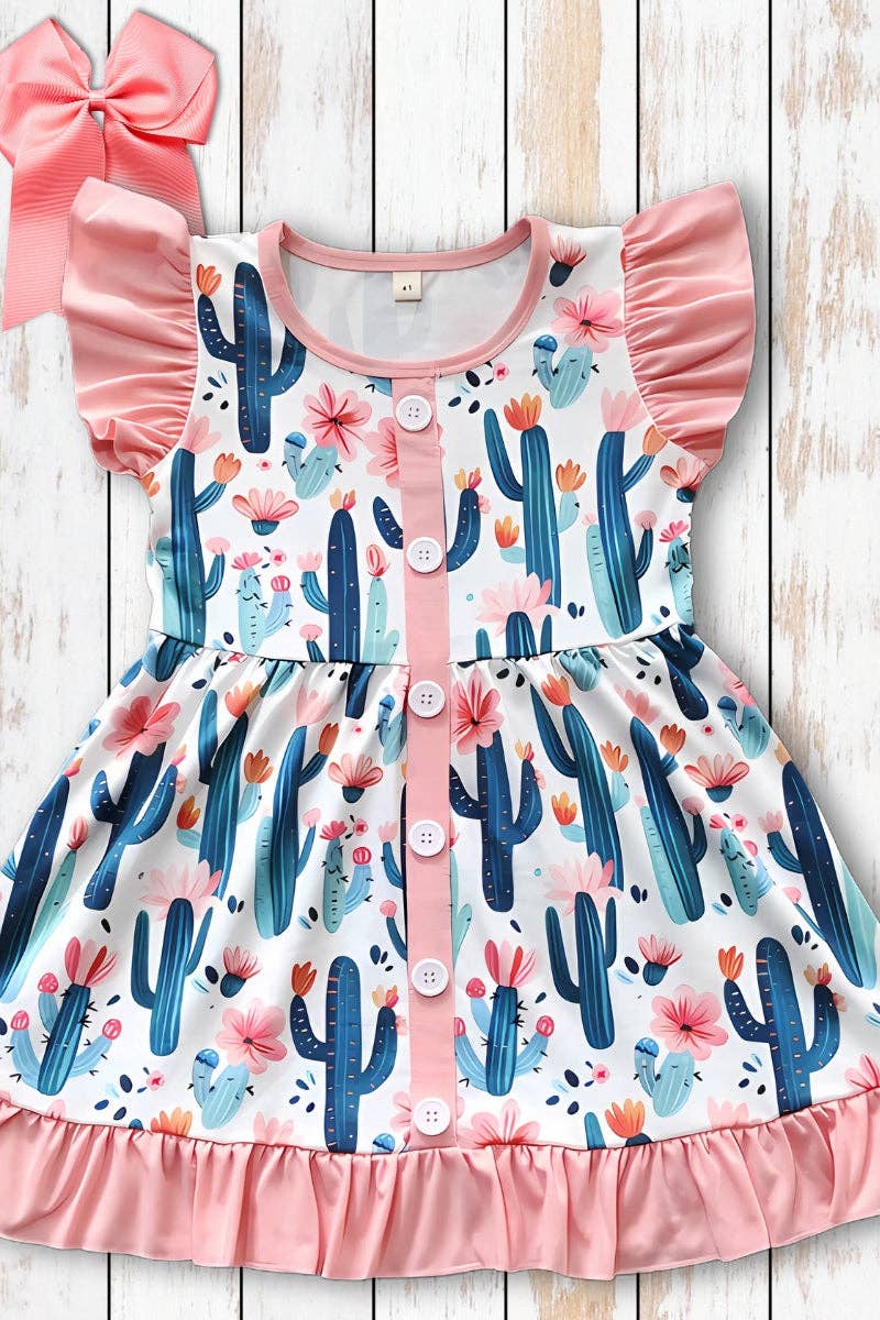 Cactus printed girls dress with angel sleeve