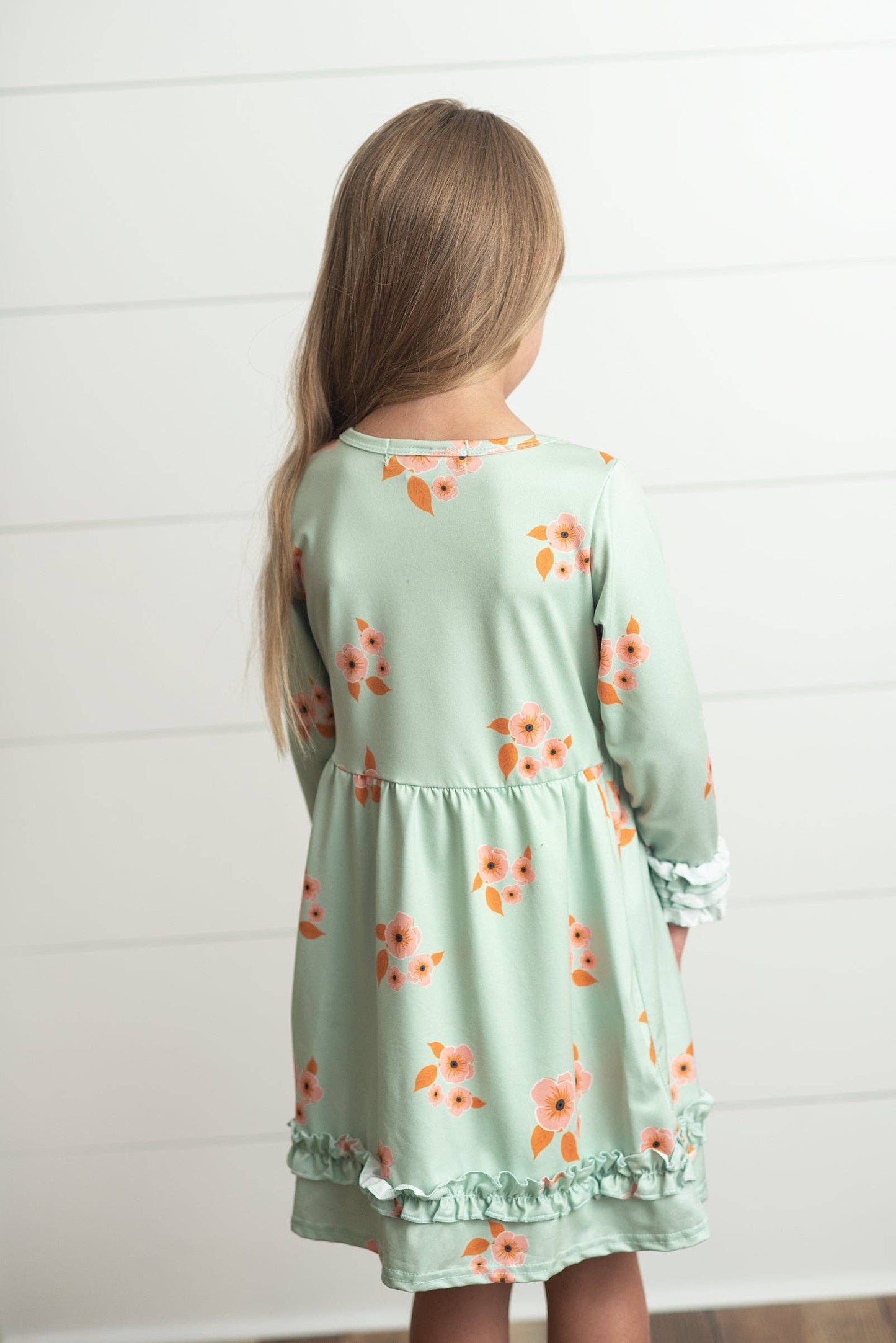 Kids Mint & Orange Floral Long Sleeve Ruffle Button Fall Dress