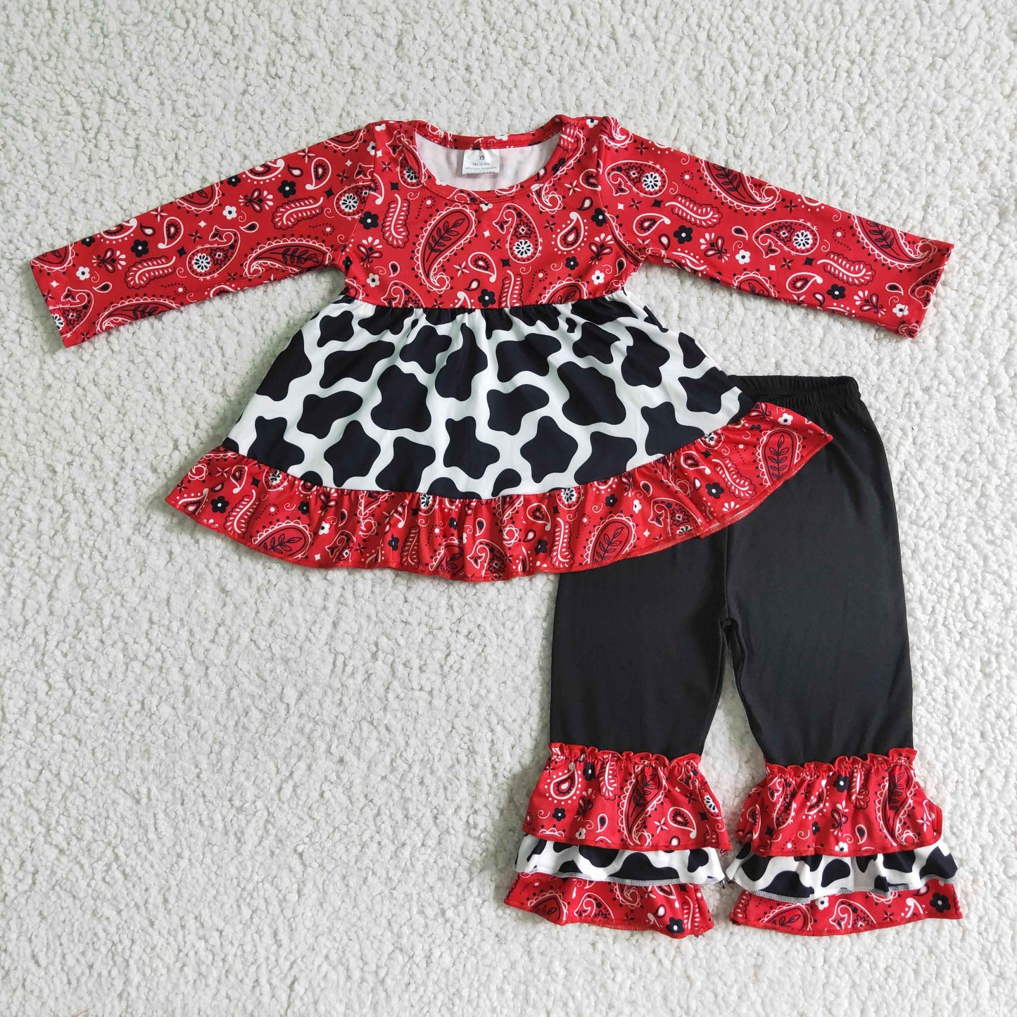 Paisley cow print tunic ruffle pants girls clothing set