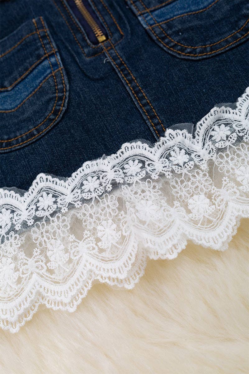 Denim skirt with lace hem and front zipper