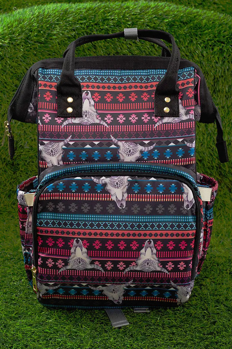 BULL SKULL WITH GEOMETRIC PRINT DIAPER BAG