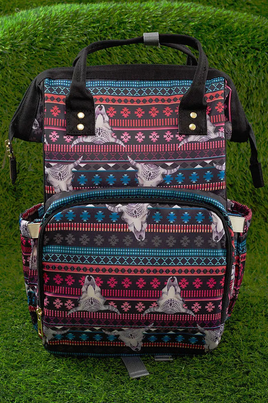 BULL SKULL WITH GEOMETRIC PRINT DIAPER BAG