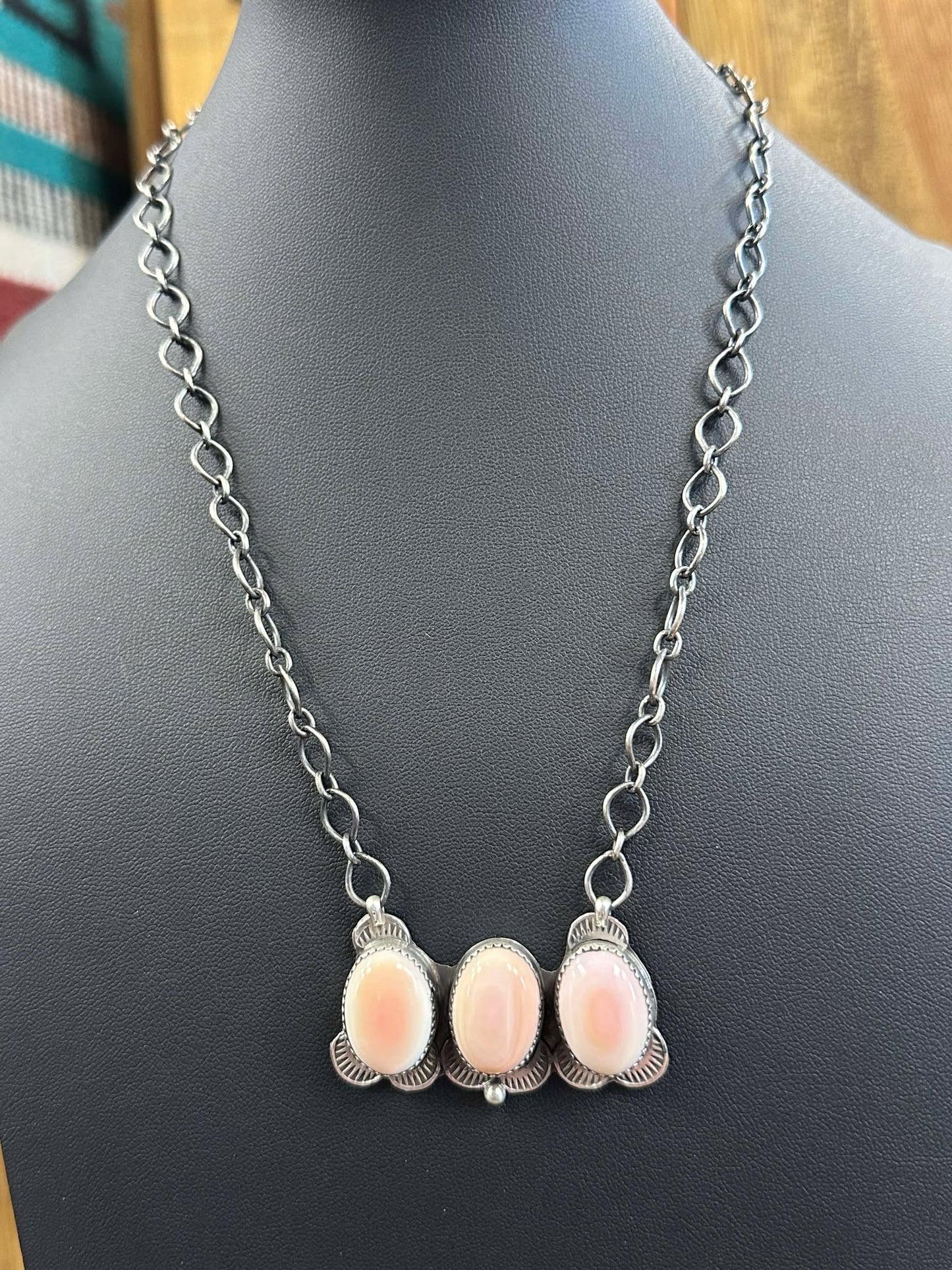 Pink Conch Triple Stone Bar Necklace