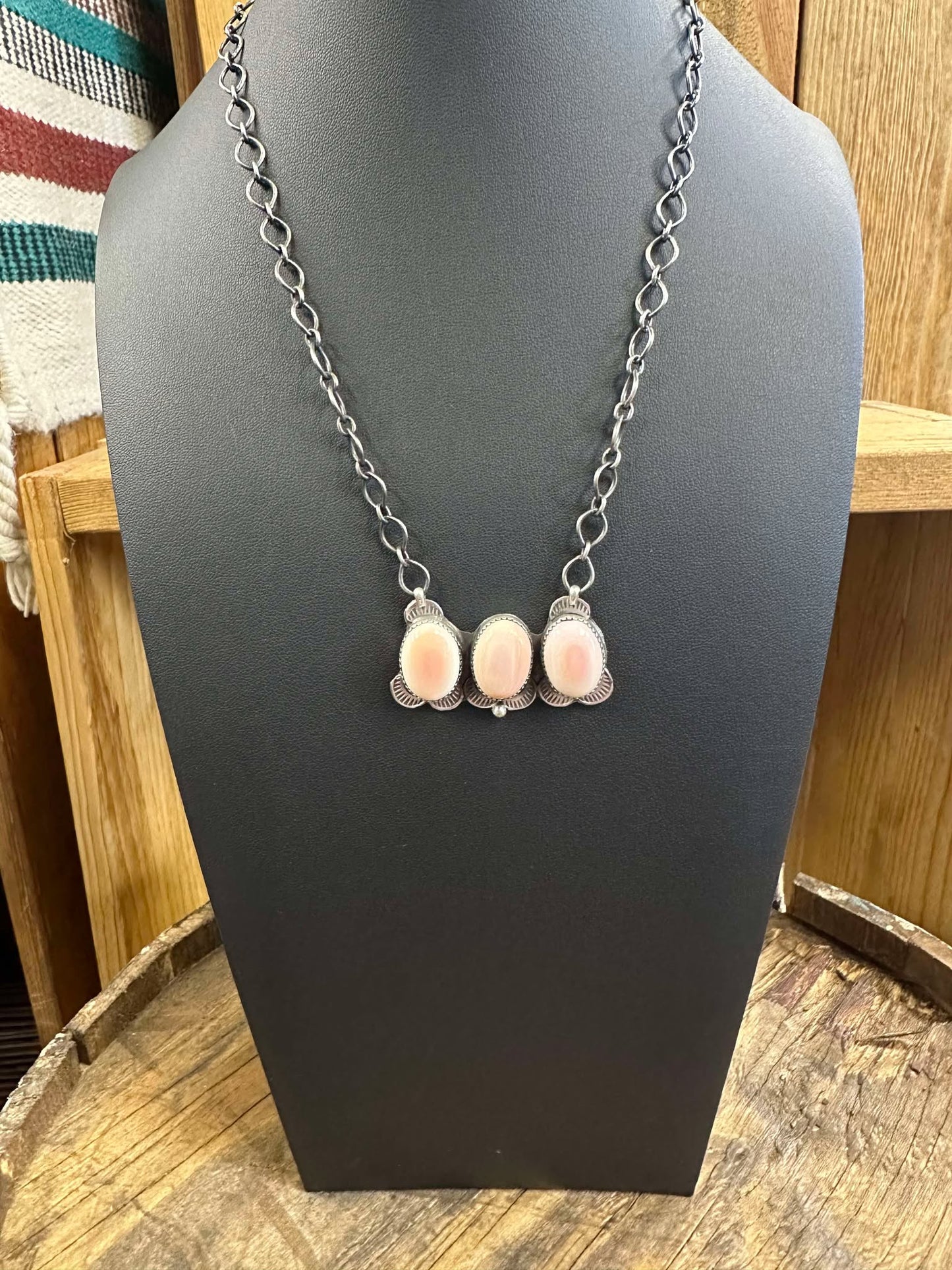 Pink Conch Triple Stone Bar Necklace