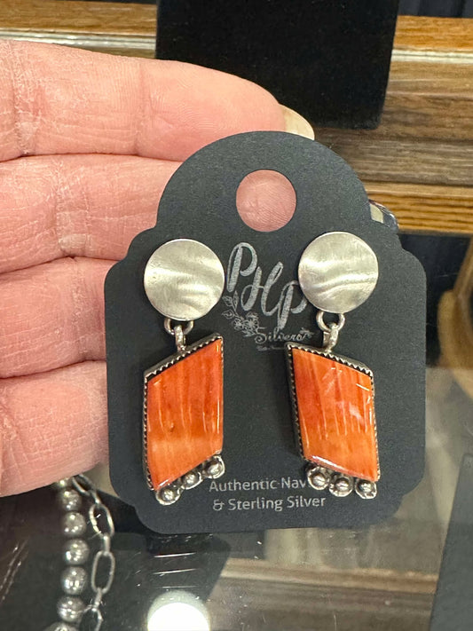 Silver Studs with Spiny Oyster Rectangle Dangle