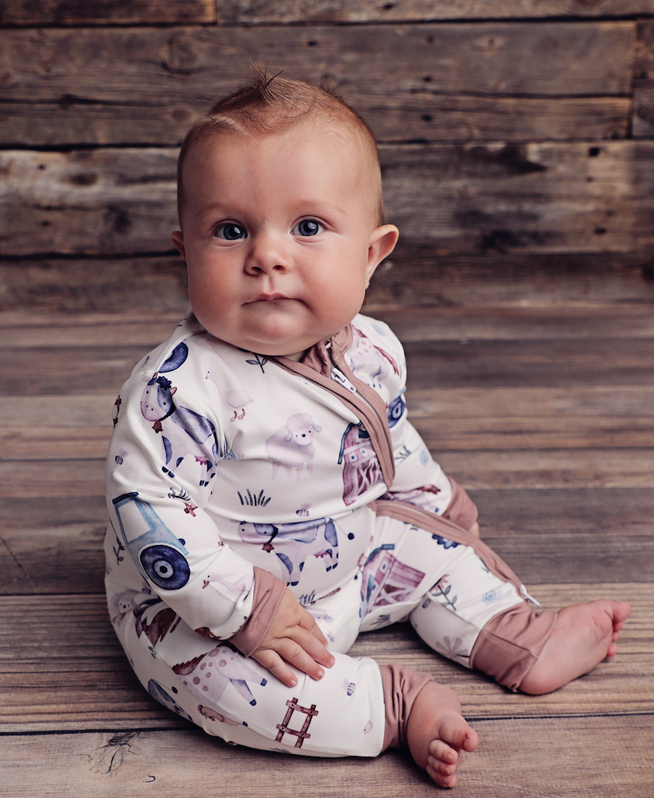 White & Brown Baby Farm Animal Zip-Up Sleeper