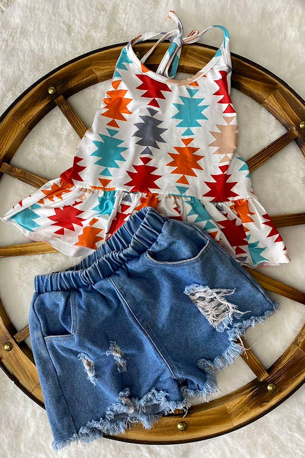 Aztec top & denim shorts girls sets