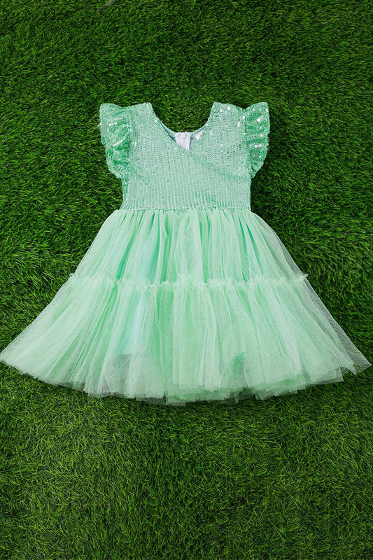 Mint tulle bottom dress with sequins & angel sleeves