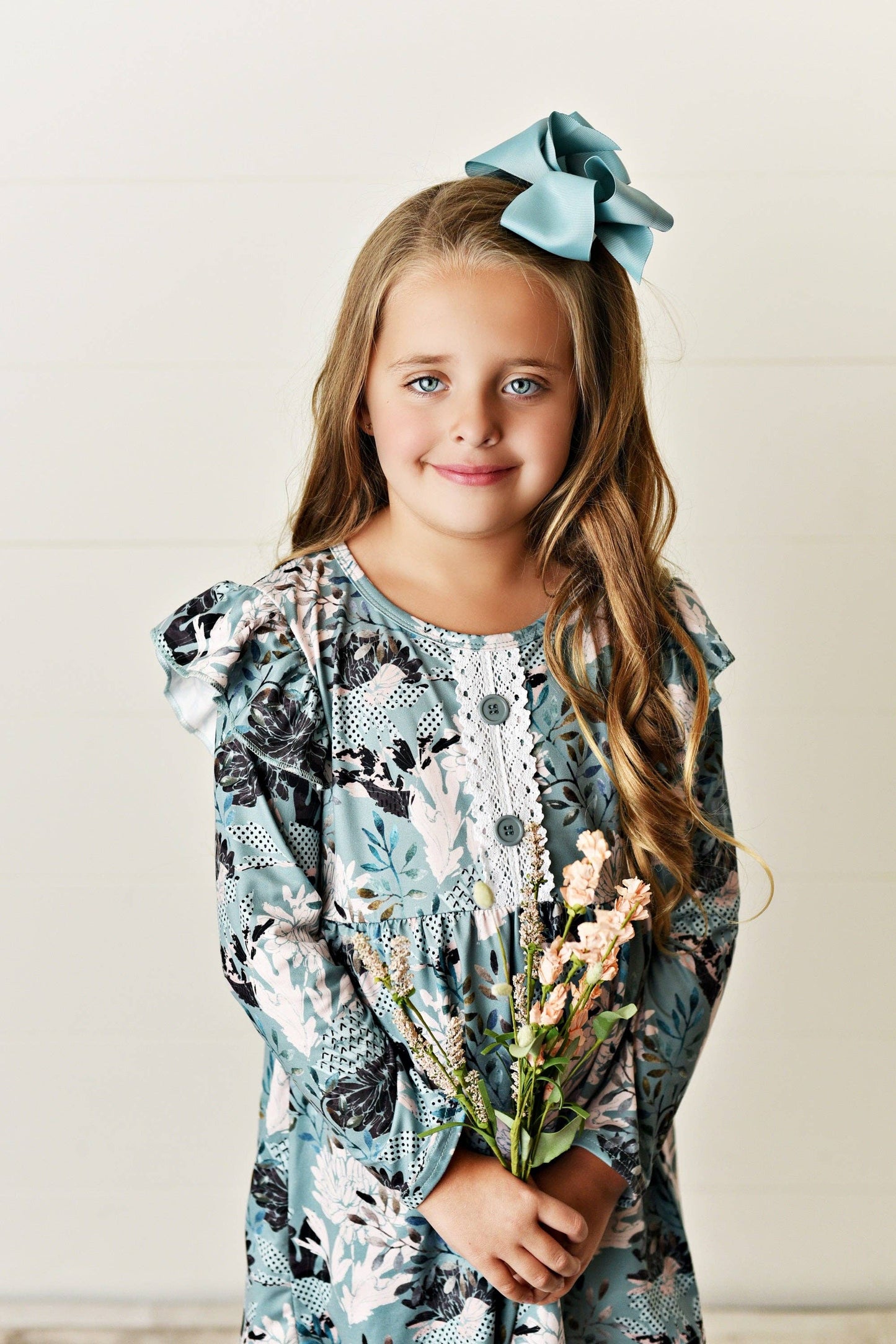 Kids Sage Green Floral Tunic Top & Legging Pants Set
