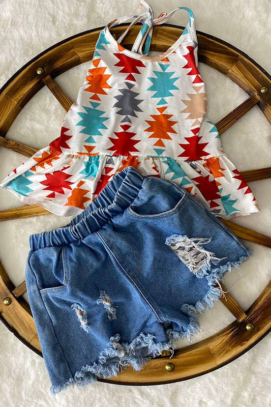 Aztec top & denim shorts girls sets