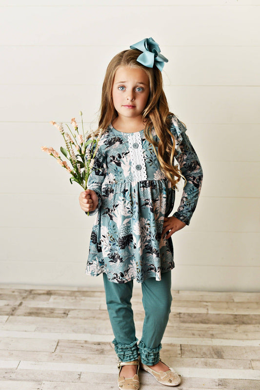 Kids Sage Green Floral Tunic Top & Legging Pants Set