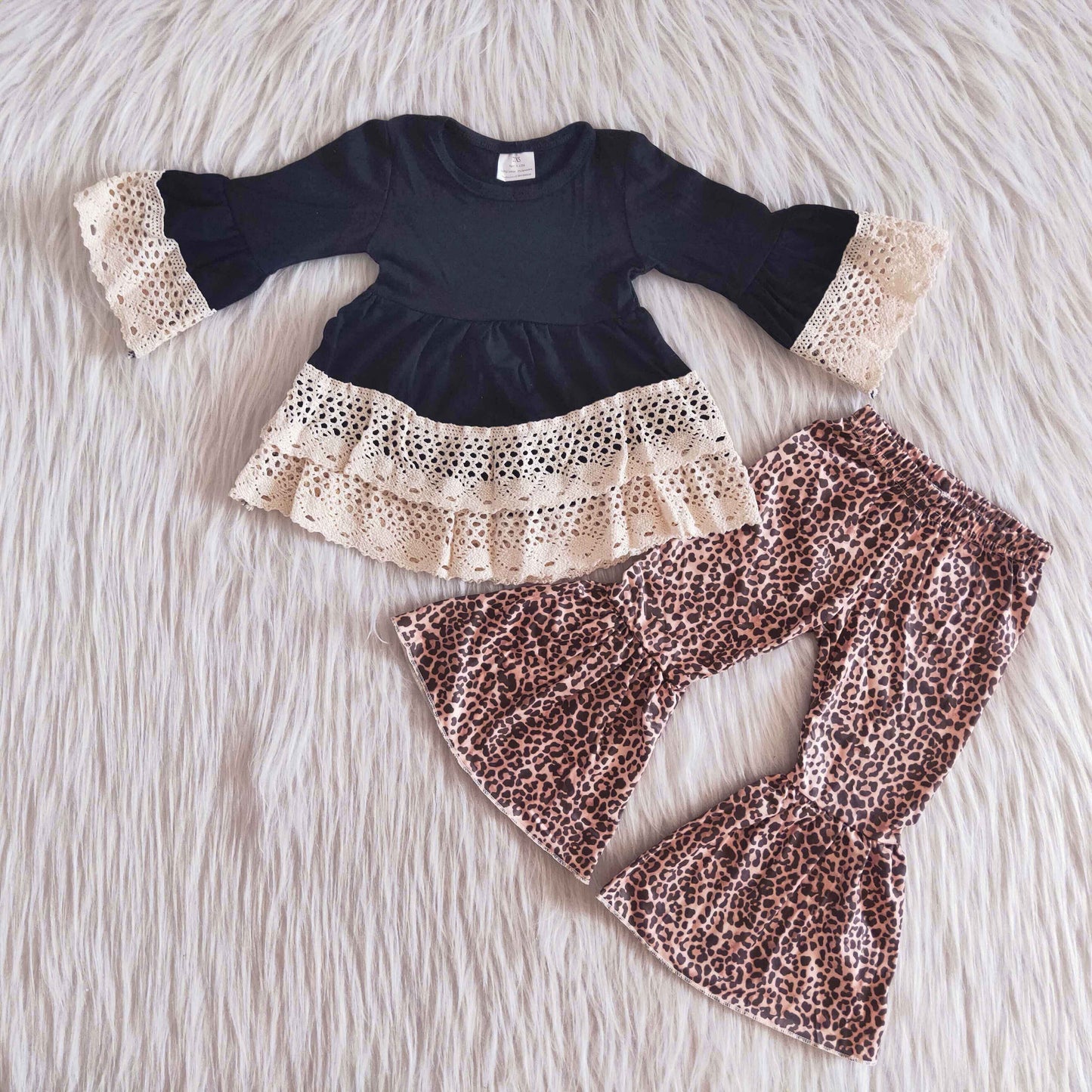 Black lace tunic leopard pants toddler girls set