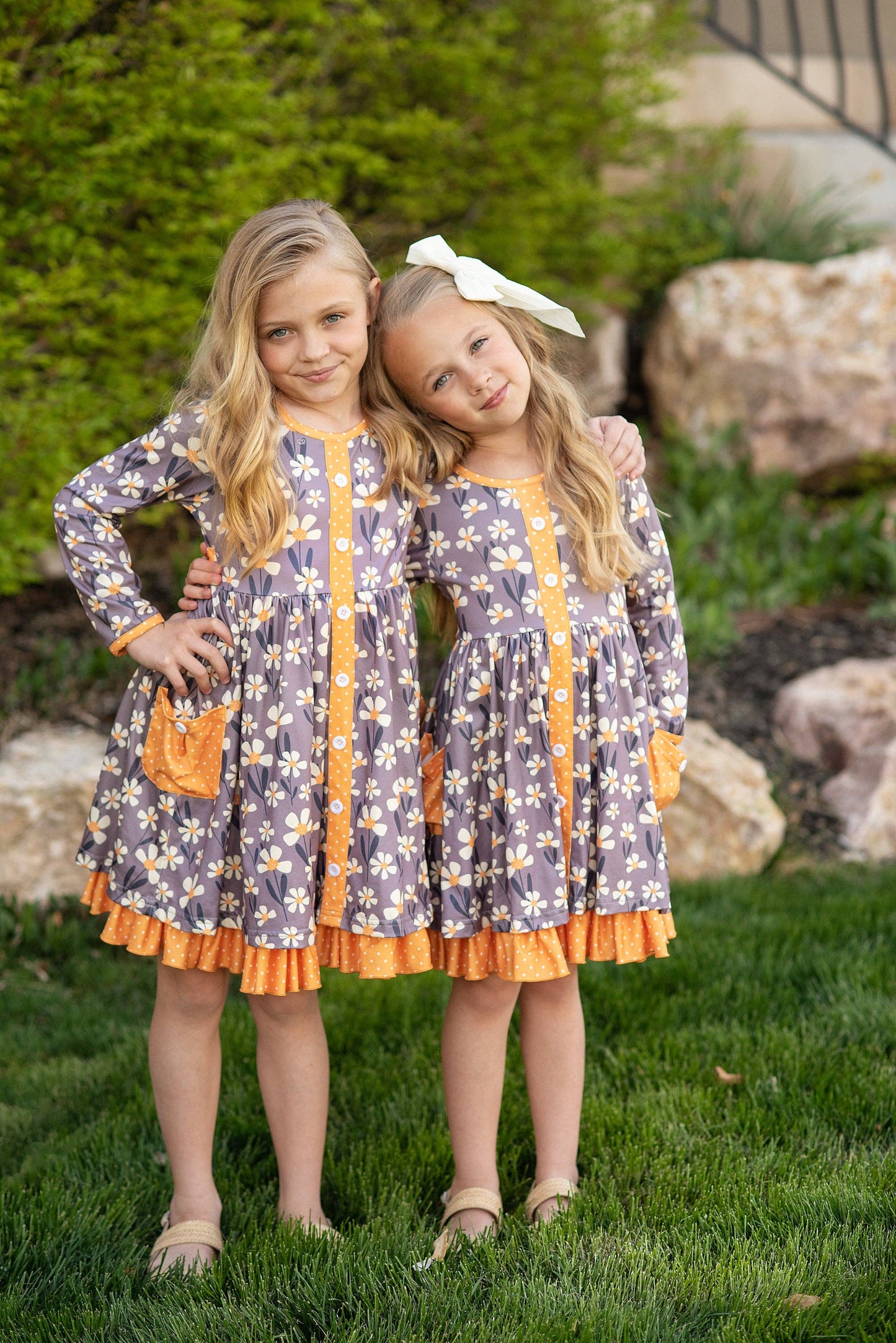 Kids Gray & Mustard Floral Ruffle Button Pocket Dress