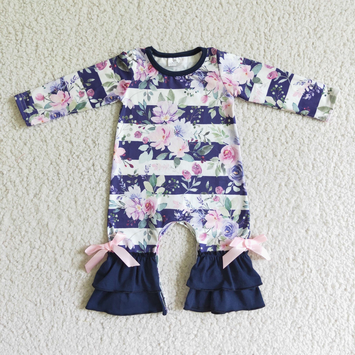 Navy/purple floral long sleeves baby girls ruffles romper