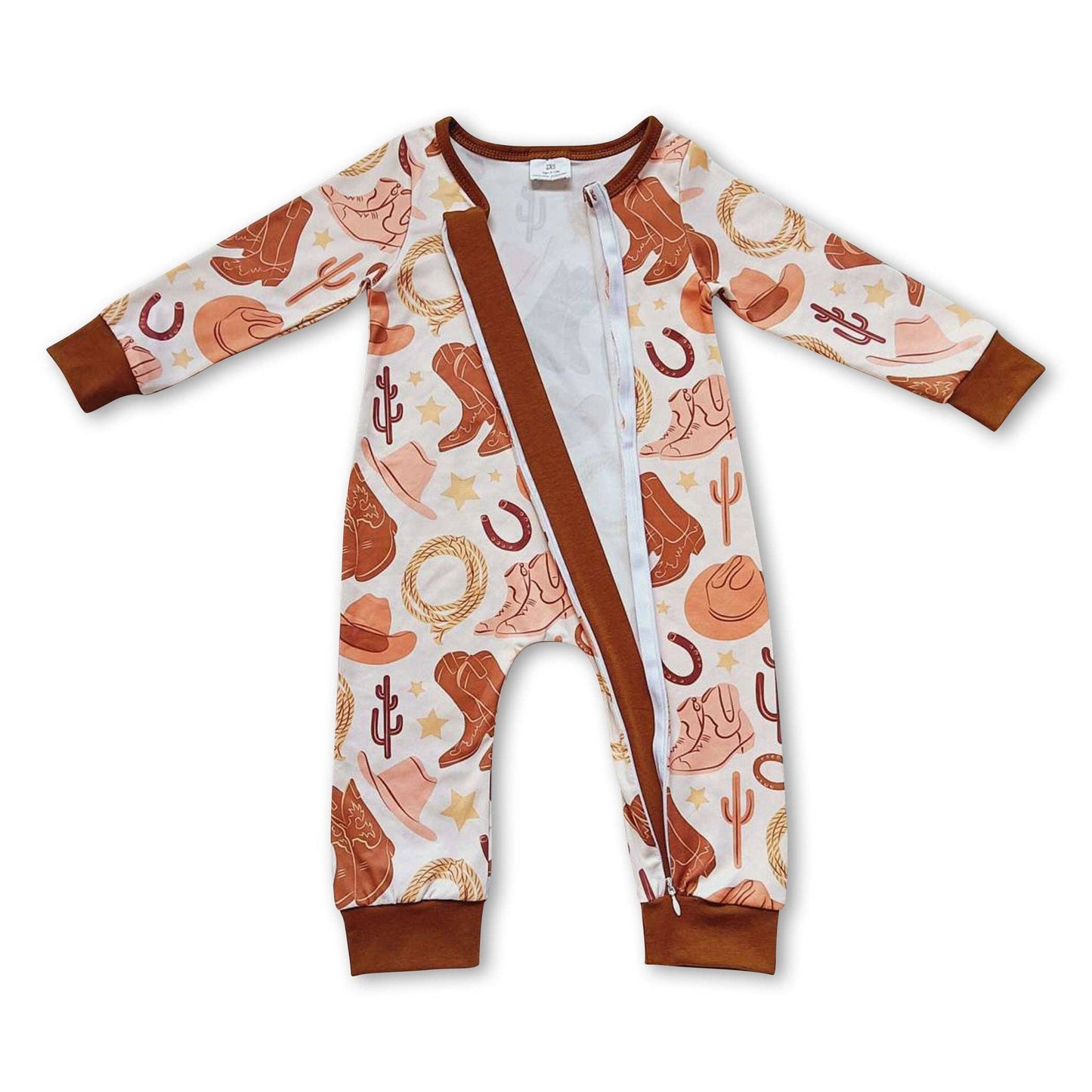 Boots, hat, cactus, zipper baby western romper