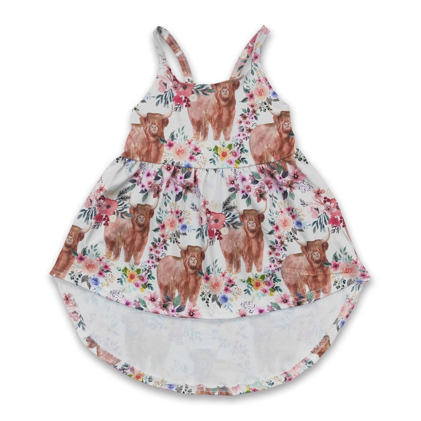 Highland cow floral high low girl dress.
