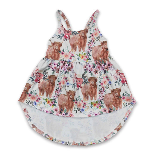 Highland cow floral high low girl dress.