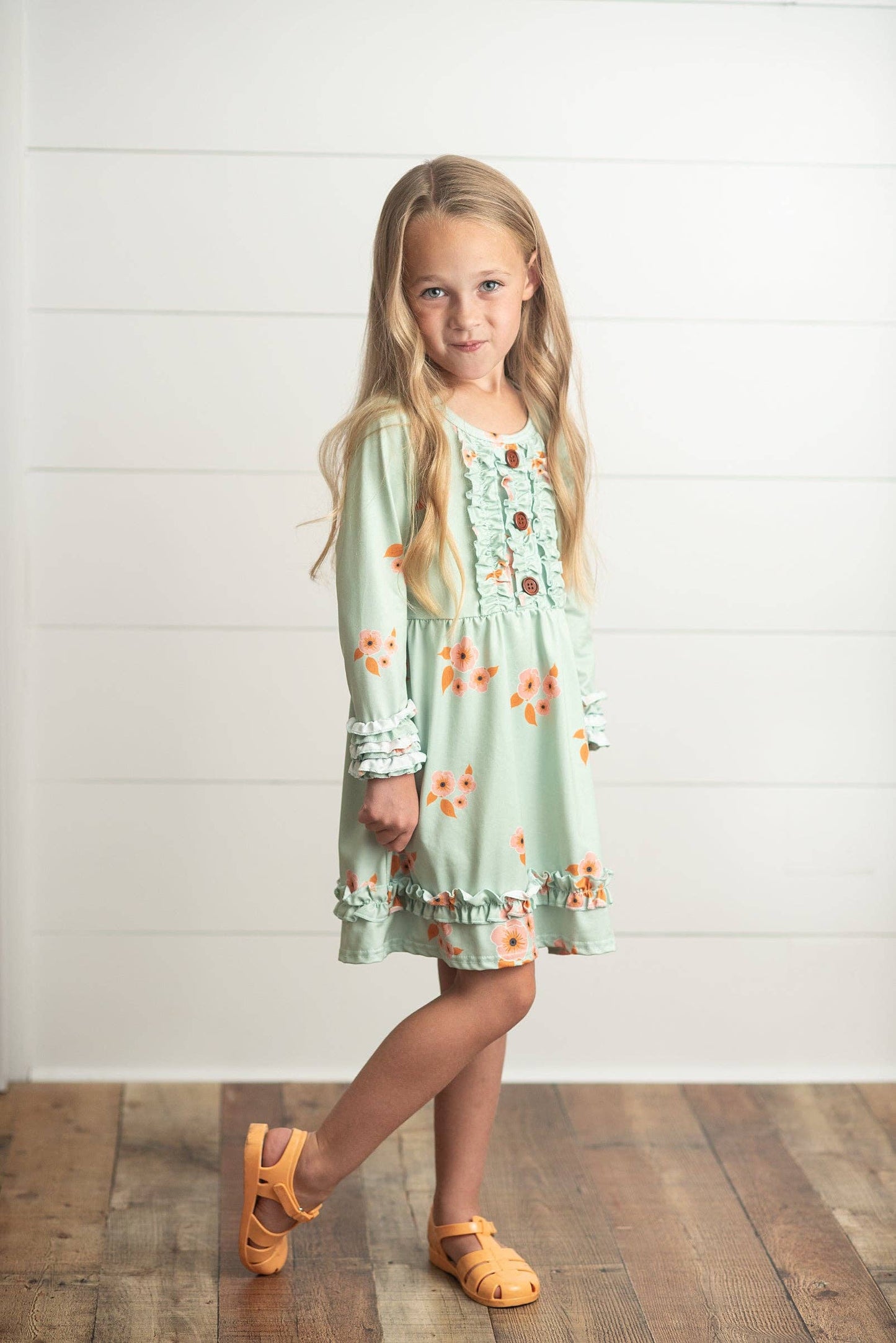 Kids Mint & Orange Floral Long Sleeve Ruffle Button Fall Dress