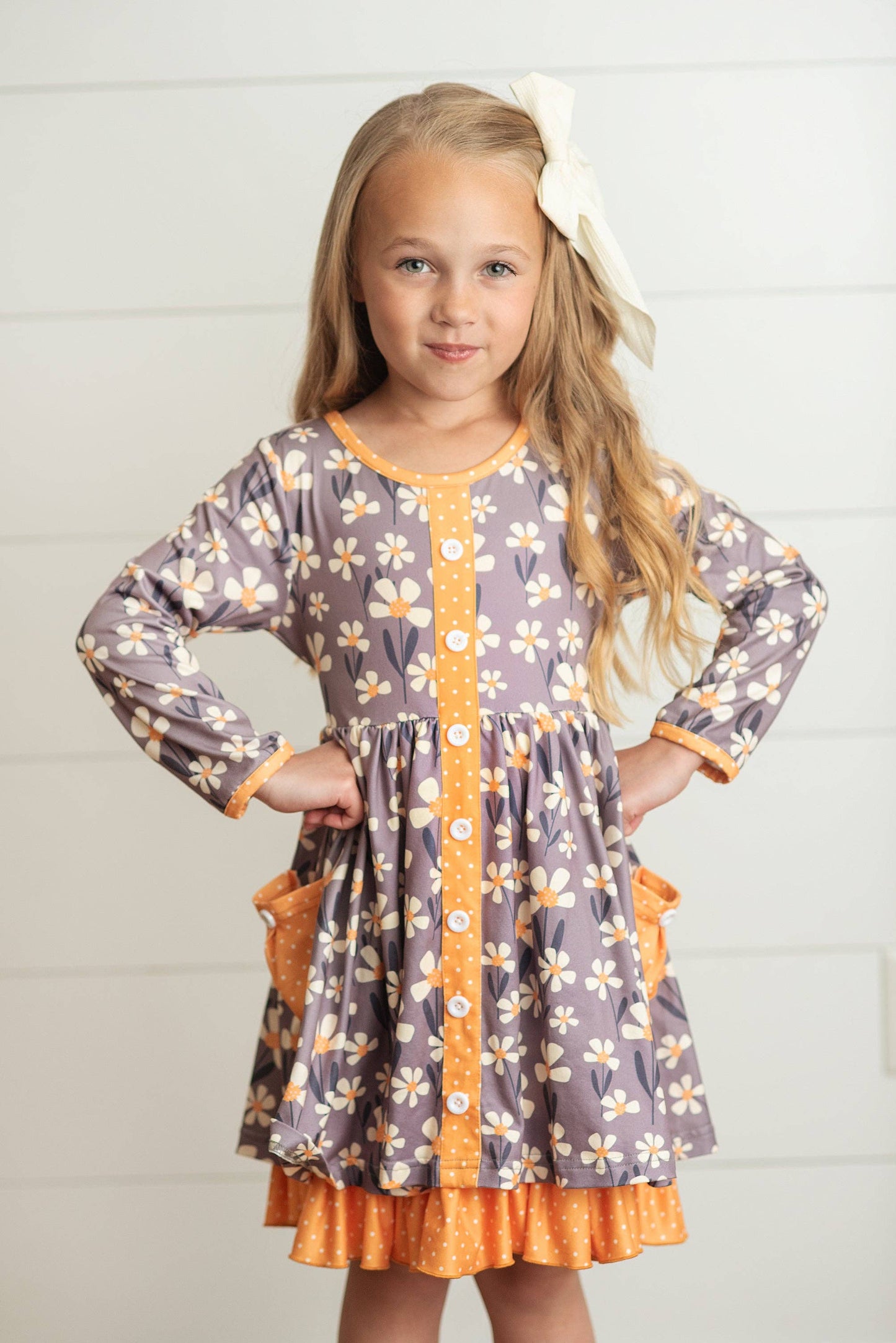 Kids Gray & Mustard Floral Ruffle Button Pocket Dress