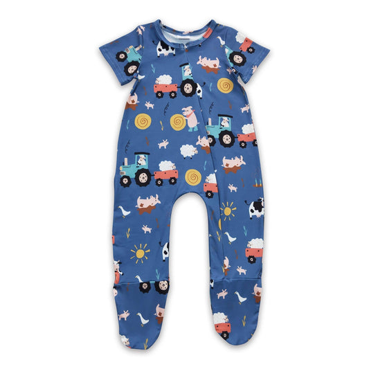 Farm animal short sleeves footed zipper romper