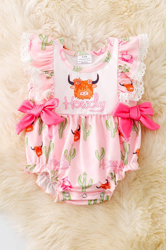 "Howdy" Highland cow printed girls romper w/side bows.