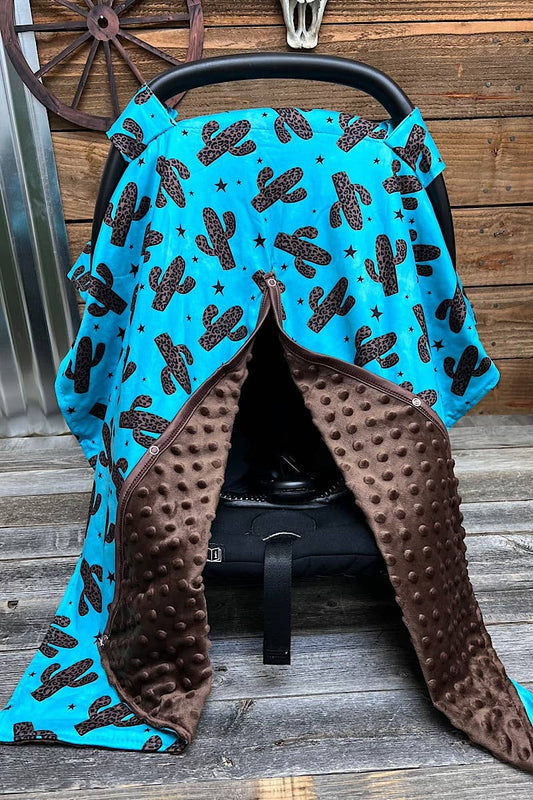 CACTUS PRINTED TURQUOISE CAR SEAT COVER & BROWN MINKY