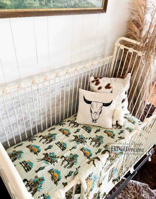 BUCKAROO RANCH BRONC WESTERN FITTED CRIB SHEET