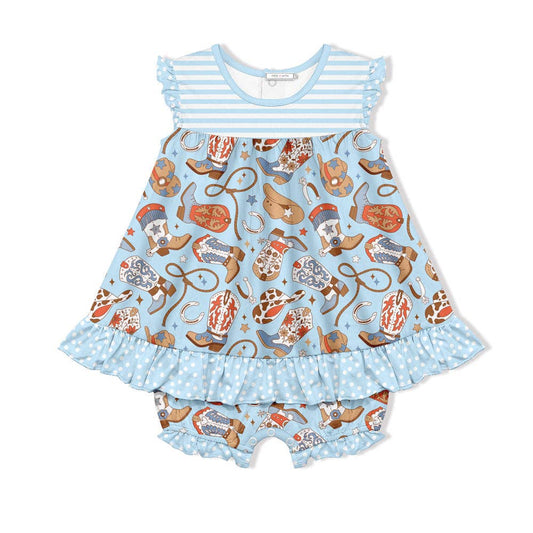 Western Light Blue Skirted Bubble Romper