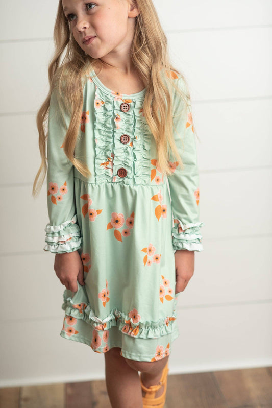 Kids Mint & Orange Floral Long Sleeve Ruffle Button Fall Dress