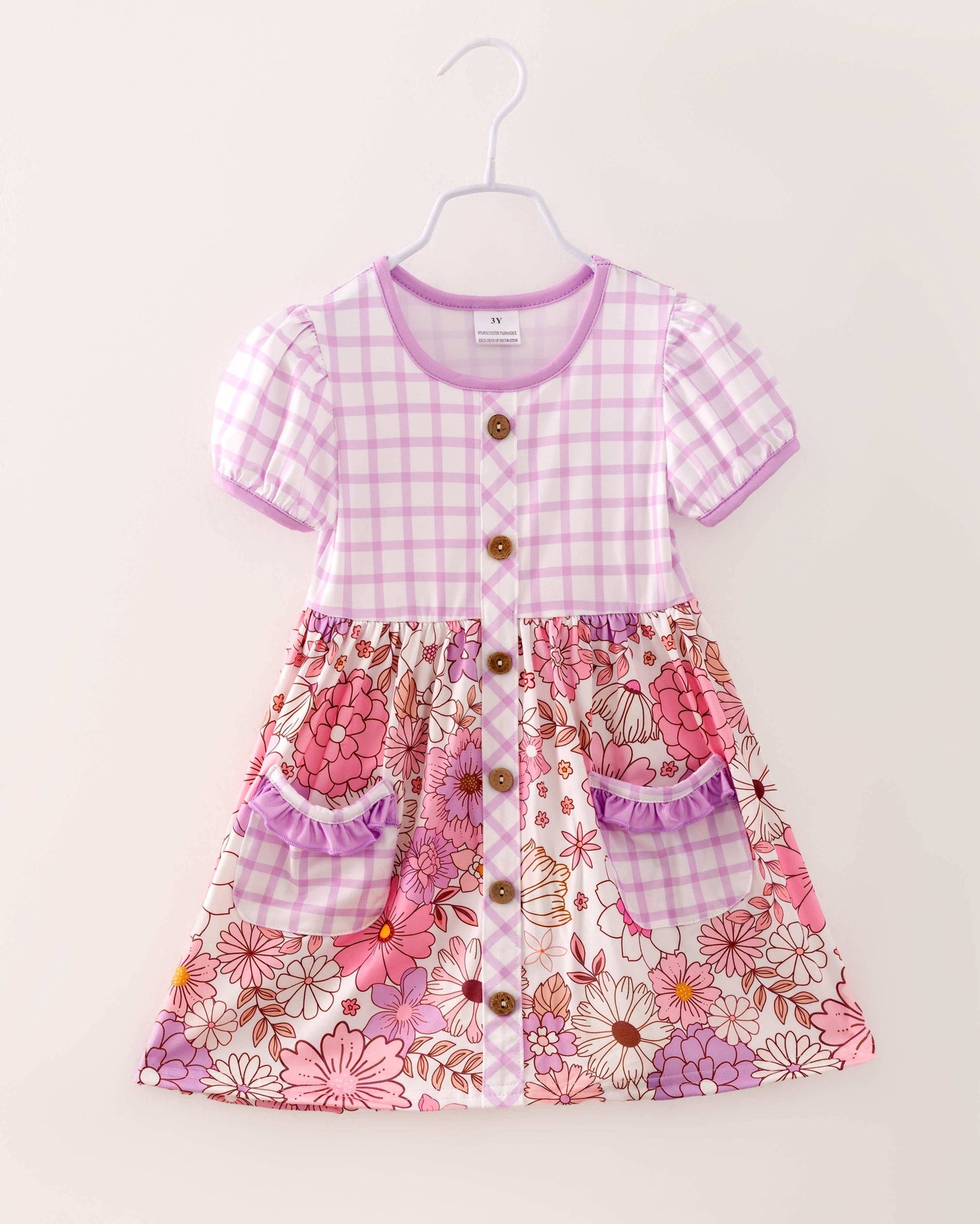 Pink/Purple Plaid Flower Pocket Girl Dress