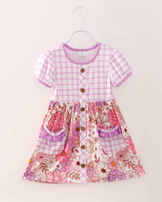 Pink/Purple Plaid Flower Pocket Girl Dress
