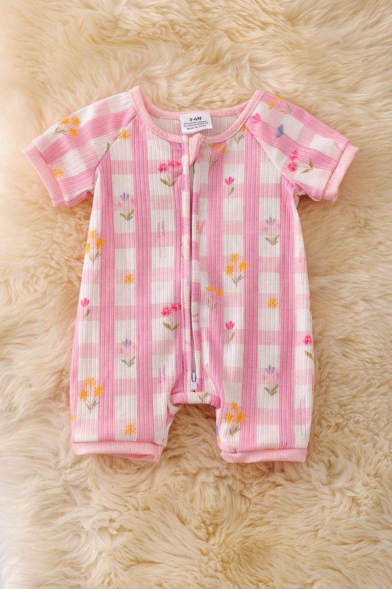 Pink & white gingham girls baby romper w/zipper
