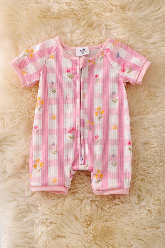 Pink & white gingham girls baby romper w/zipper