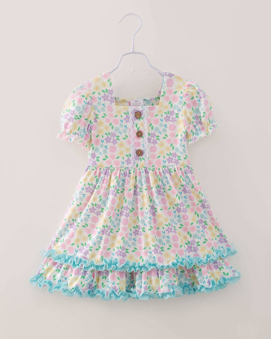 Floral Puff Sleeves Ruffle Girl Dress