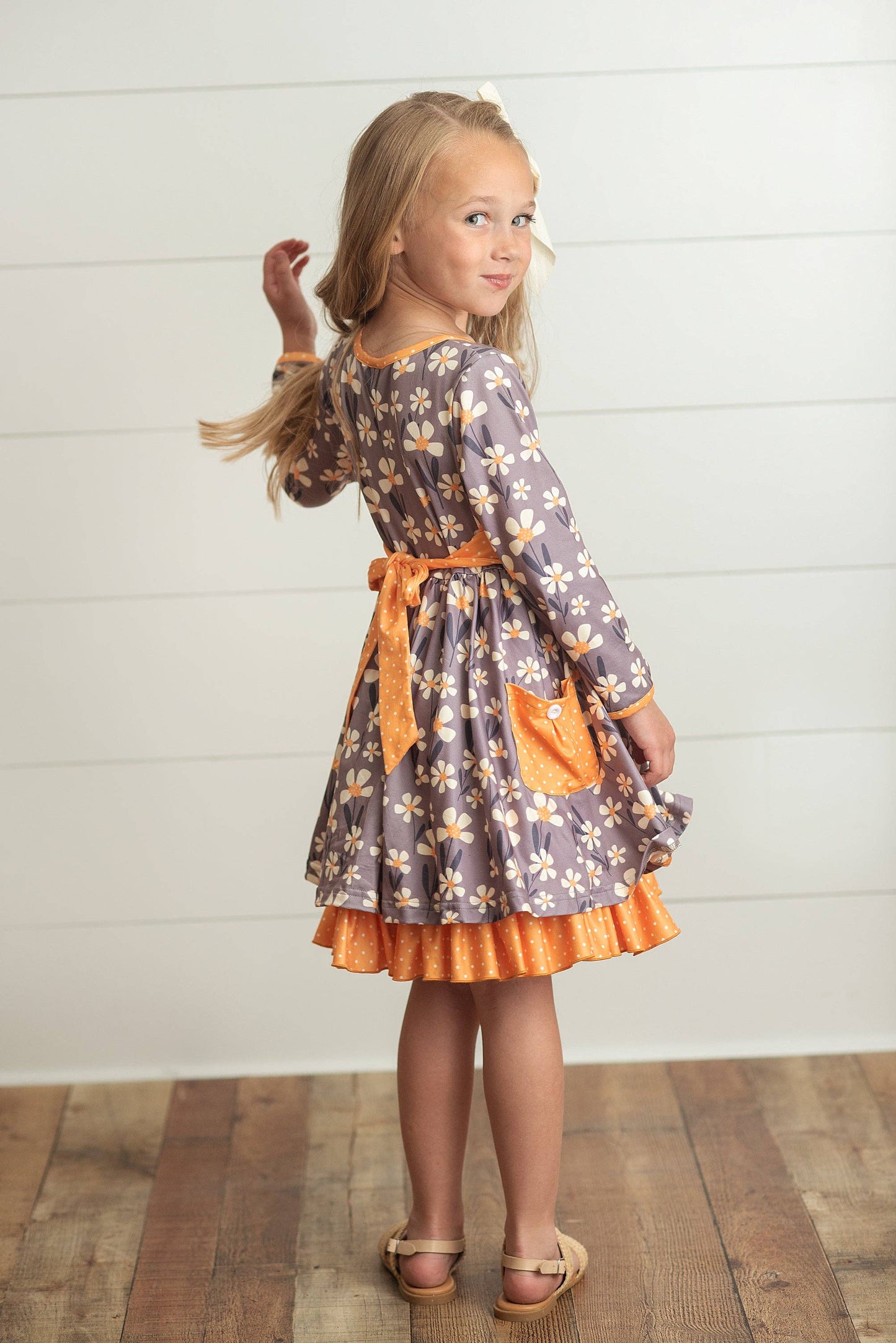 Kids Gray & Mustard Floral Ruffle Button Pocket Dress