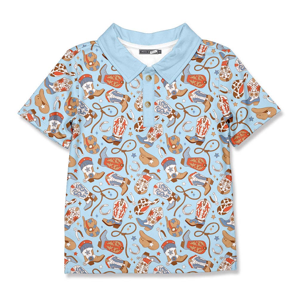 Boys Western Light Blue Howdy Polo