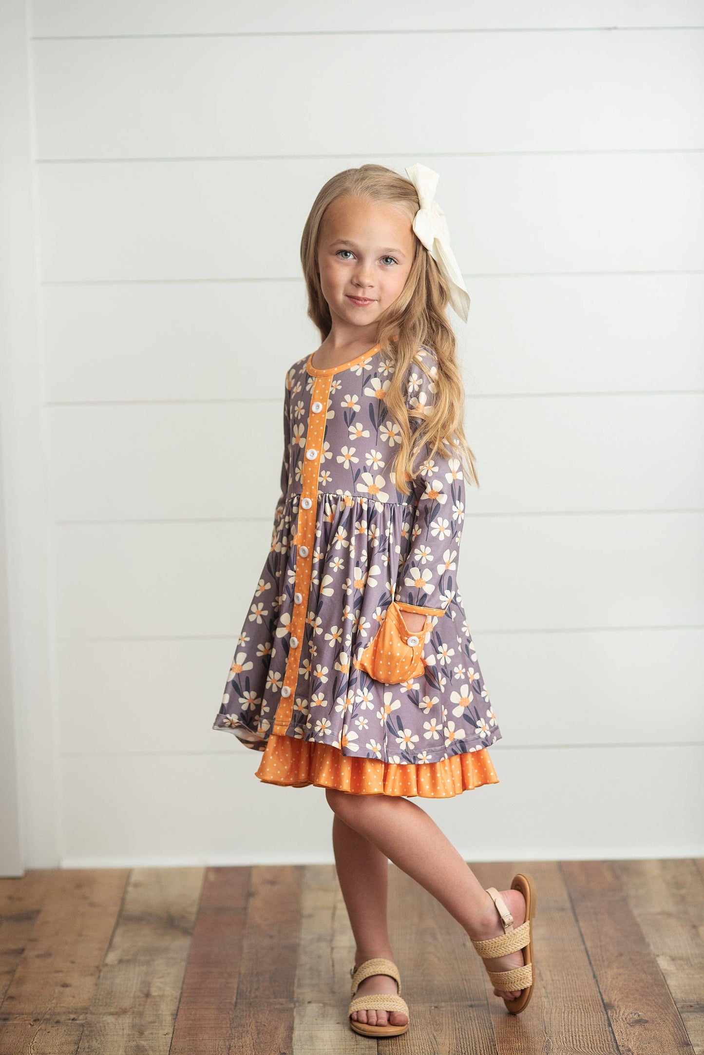Kids Gray & Mustard Floral Ruffle Button Pocket Dress
