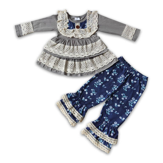 Gray cotton lace shirt ruffle pants kids outfit