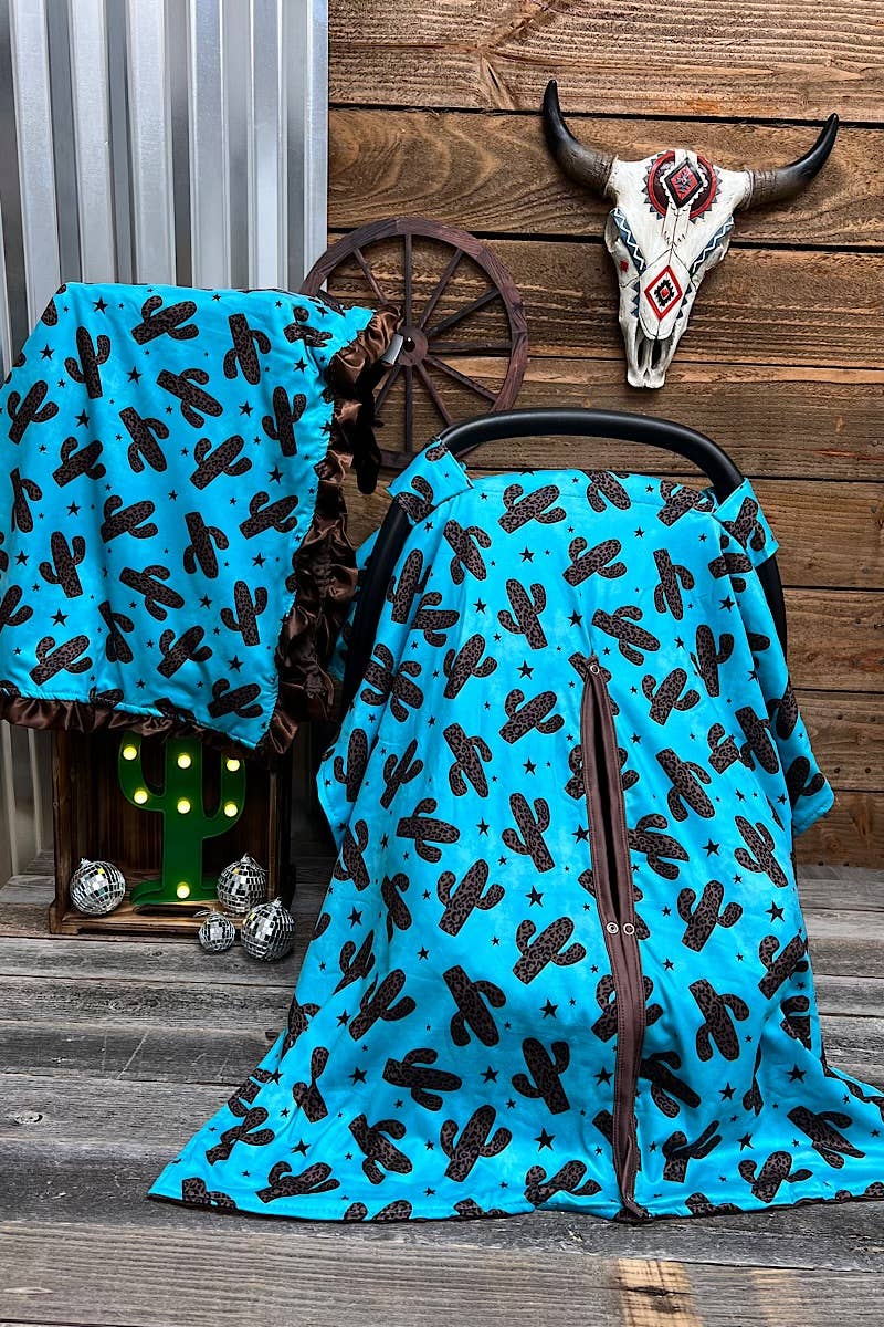 CACTUS PRINTED TURQUOISE CAR SEAT COVER & BROWN MINKY