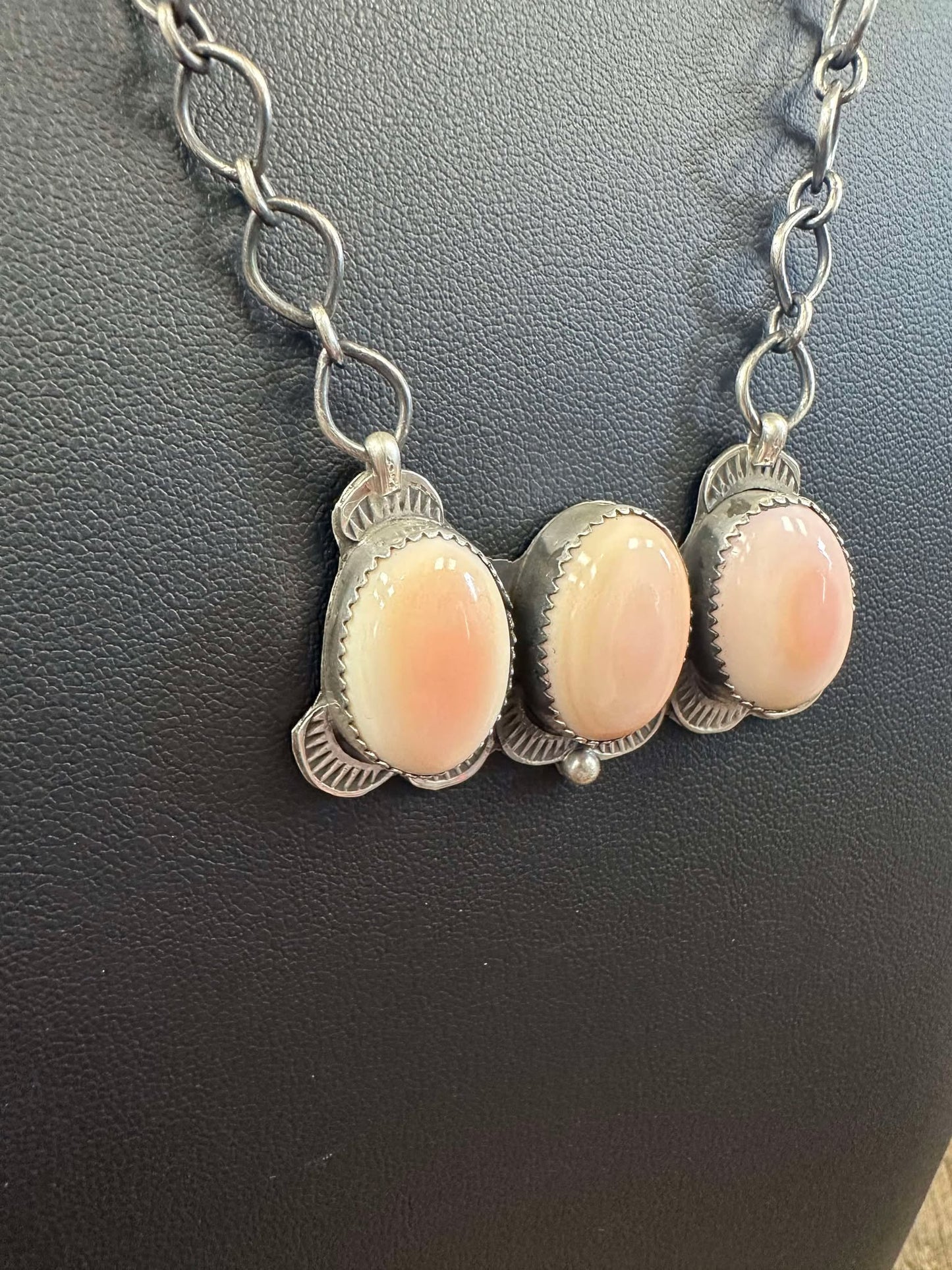 Pink Conch Triple Stone Bar Necklace