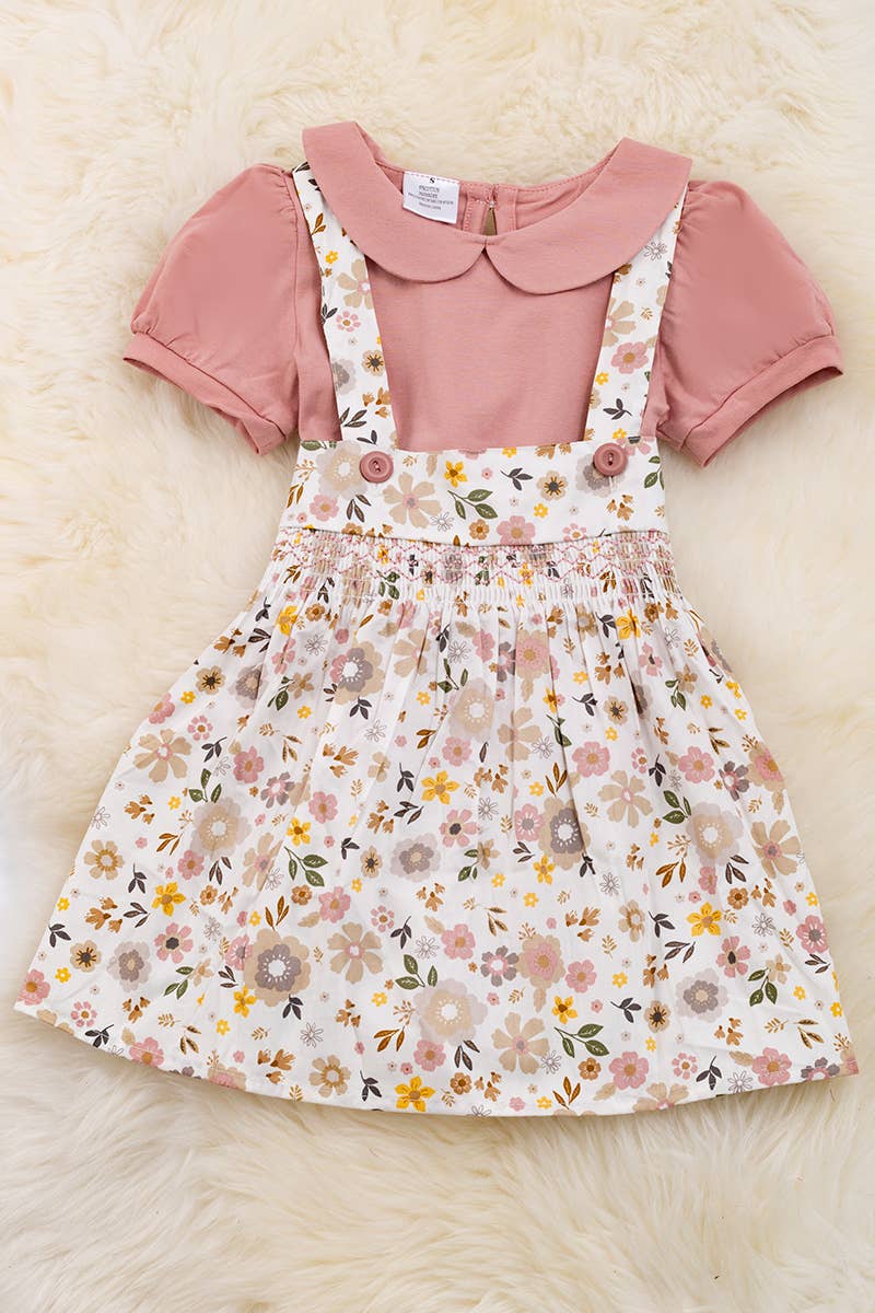FLORAL OVERALL DRESS WITH BLUSH SHIRT