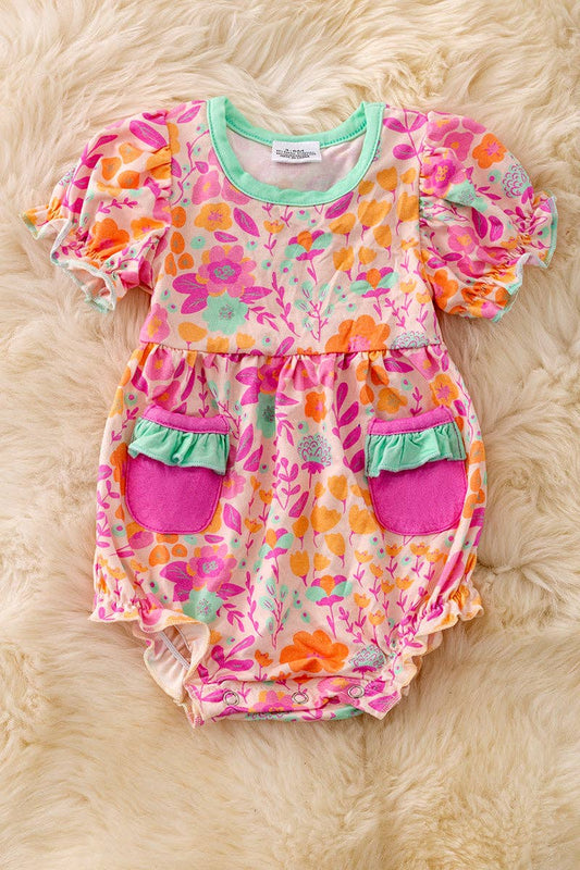Fuchsia & orange floral printed baby romper