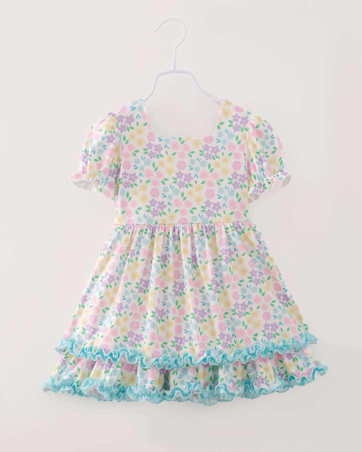 Floral Puff Sleeves Ruffle Girl Dress