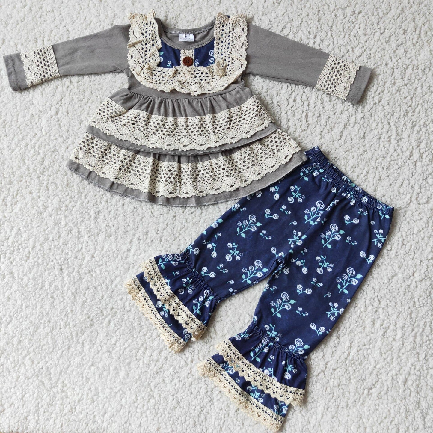 Gray cotton lace shirt ruffle pants kids outfit