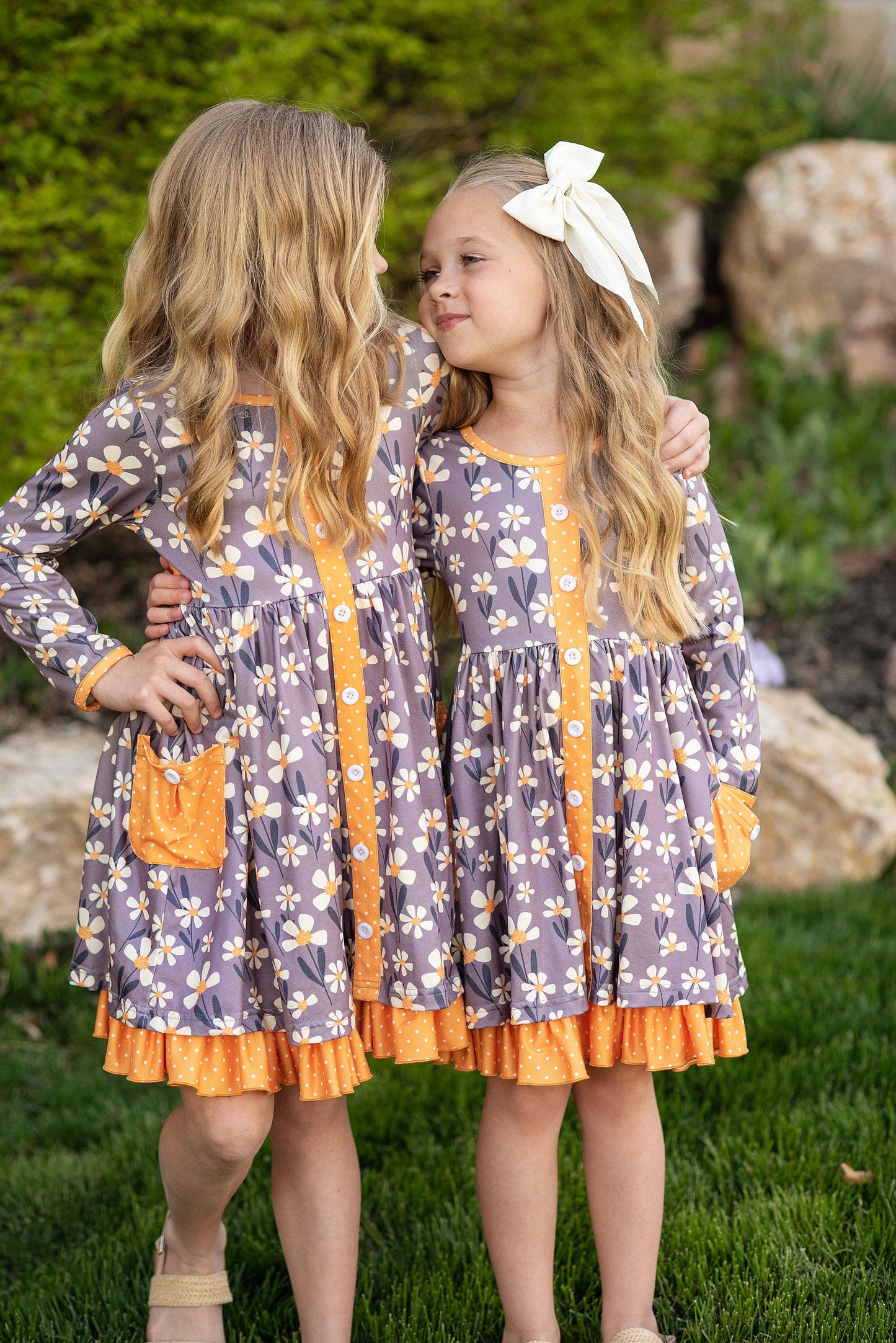 Kids Gray & Mustard Floral Ruffle Button Pocket Dress