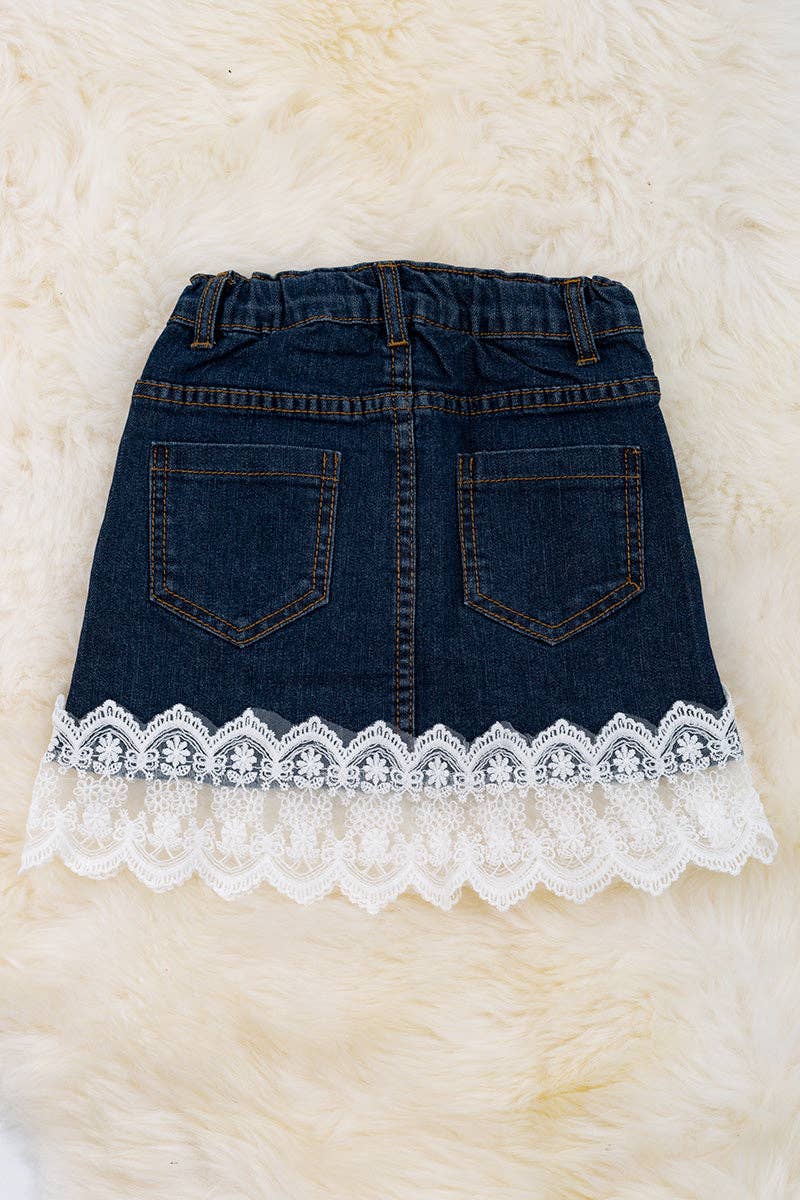 Denim skirt with lace hem and front zipper
