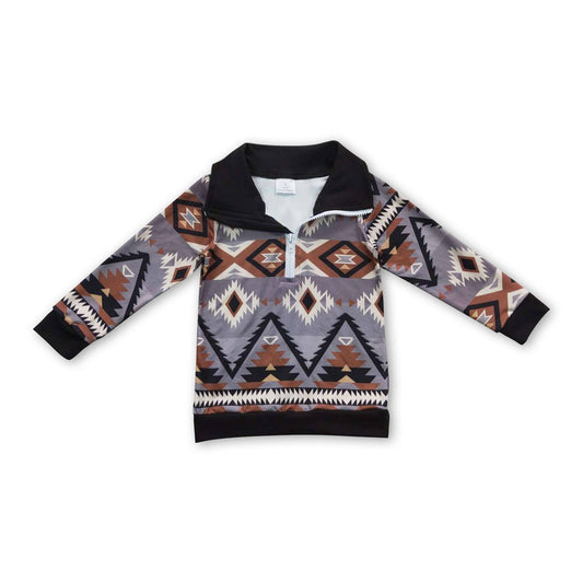 Grey brown aztec long sleeves western pullover