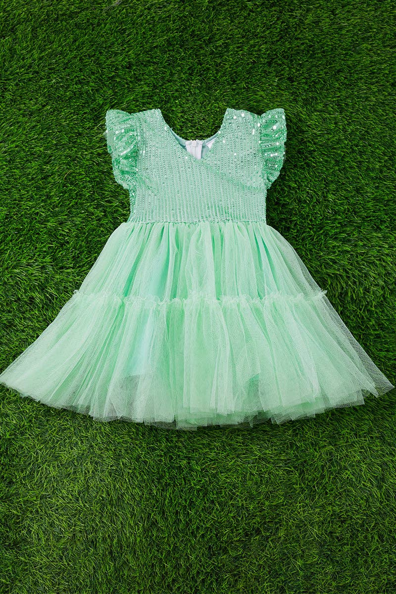 Mint tulle bottom dress with sequins & angel sleeves