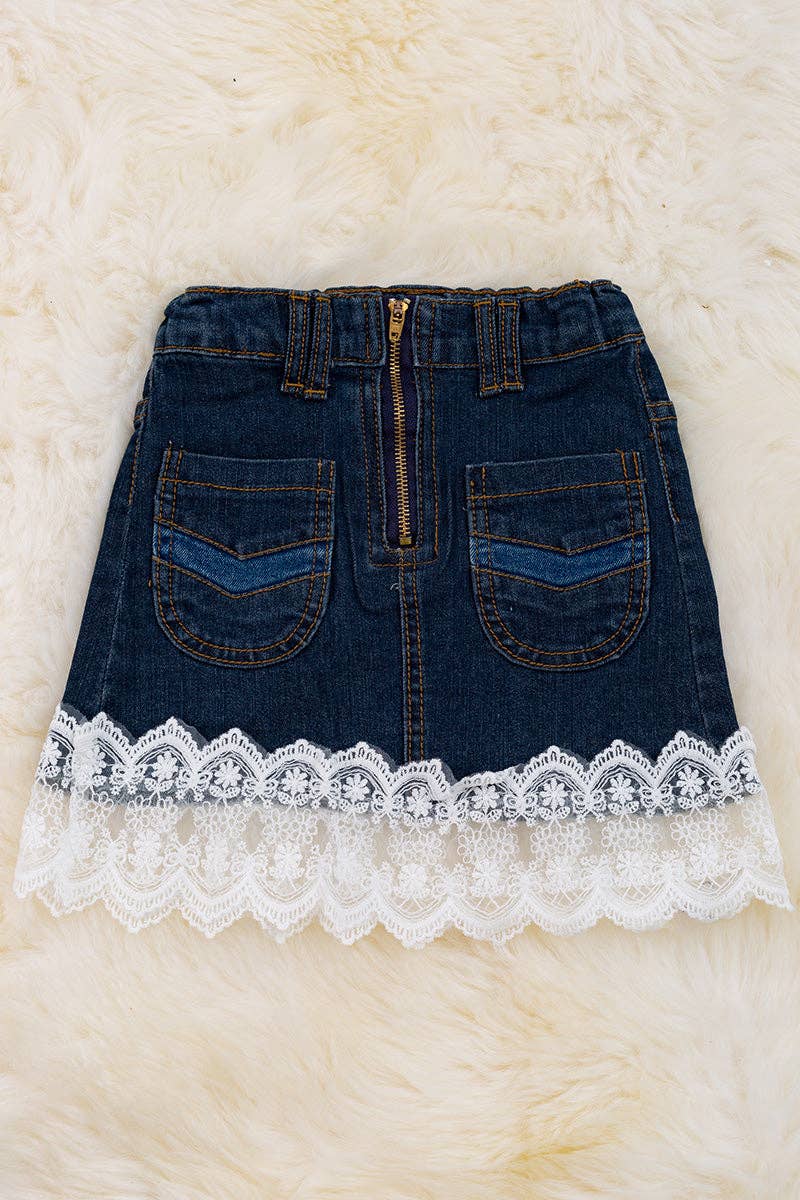 Denim skirt with lace hem and front zipper